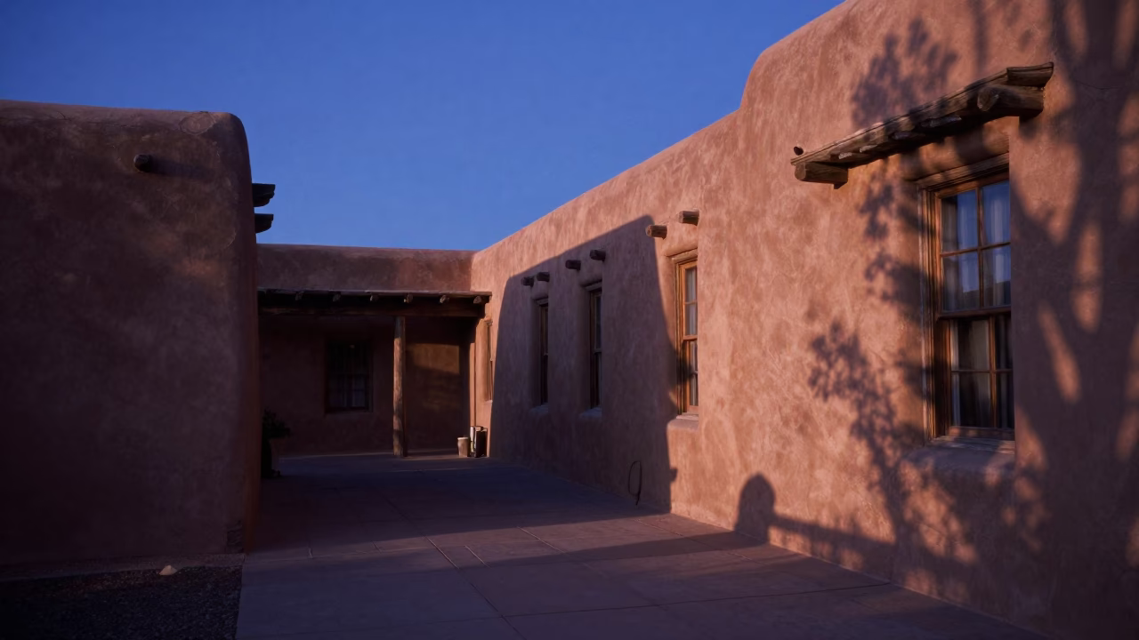 Cloister Walkway in Santa Fe at The Last Blue Light Of Evening in in Santa Fe, New Mexico, United States