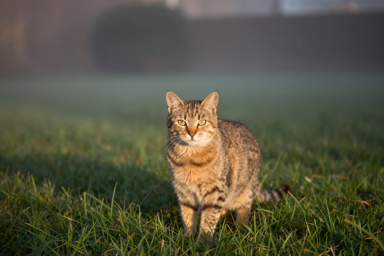 Close Up Chausie Cat Portrait in Launceston Yard in in a small yard with clipped grass, calm light, and the animal centered in frame in Launceston