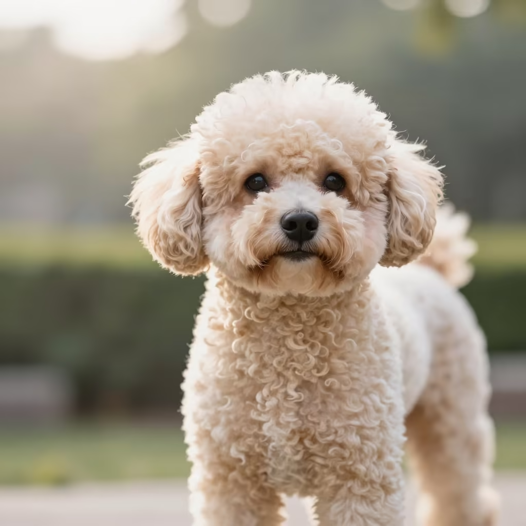 Close-up Portrait of Teacup Poodle in Delhi Garden in near a garden edge with soft morning light and an uncluttered background near Delhi