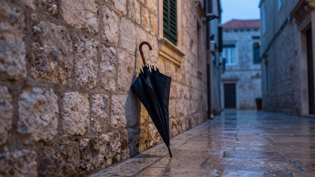 Closed Black Umbrella in Dubrovnik in in Dubrovnik, Croatia