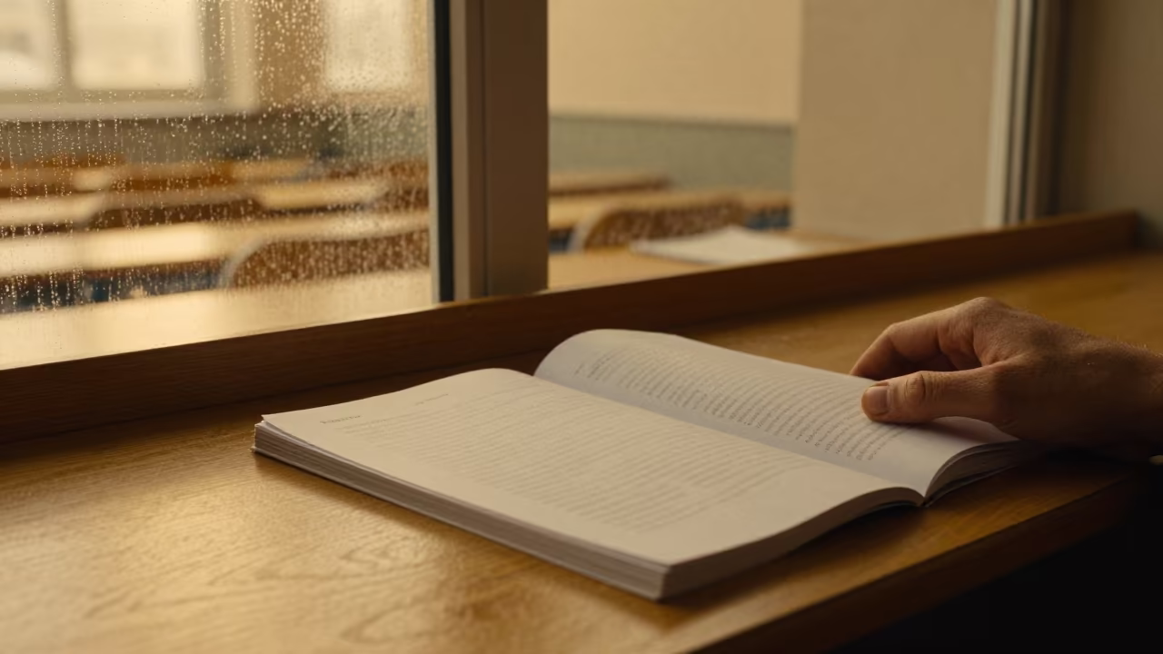 Closed Exam Booklet Beside Trembling Hand in in a lecture hall before the crowd arrives near Adana