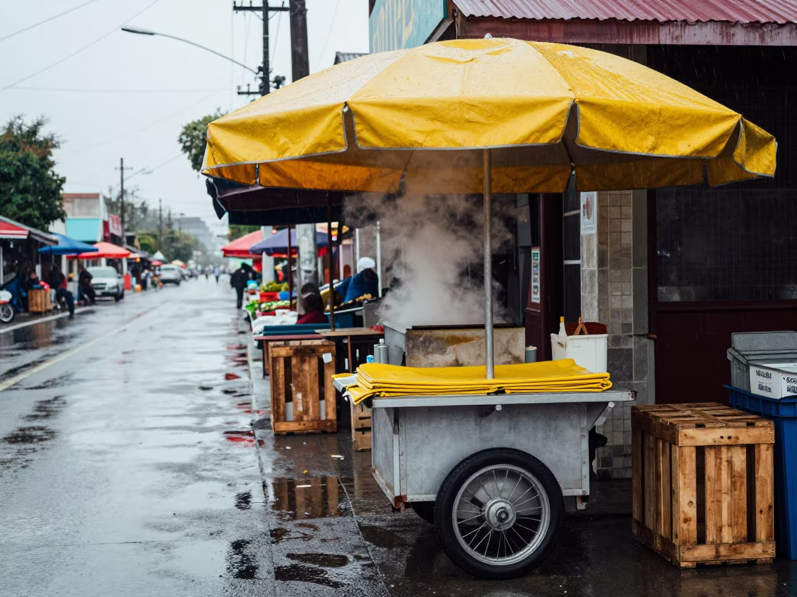 Closing Hot Dog Stand Under Rain in Bumba in along a market-lined side street in Bumba