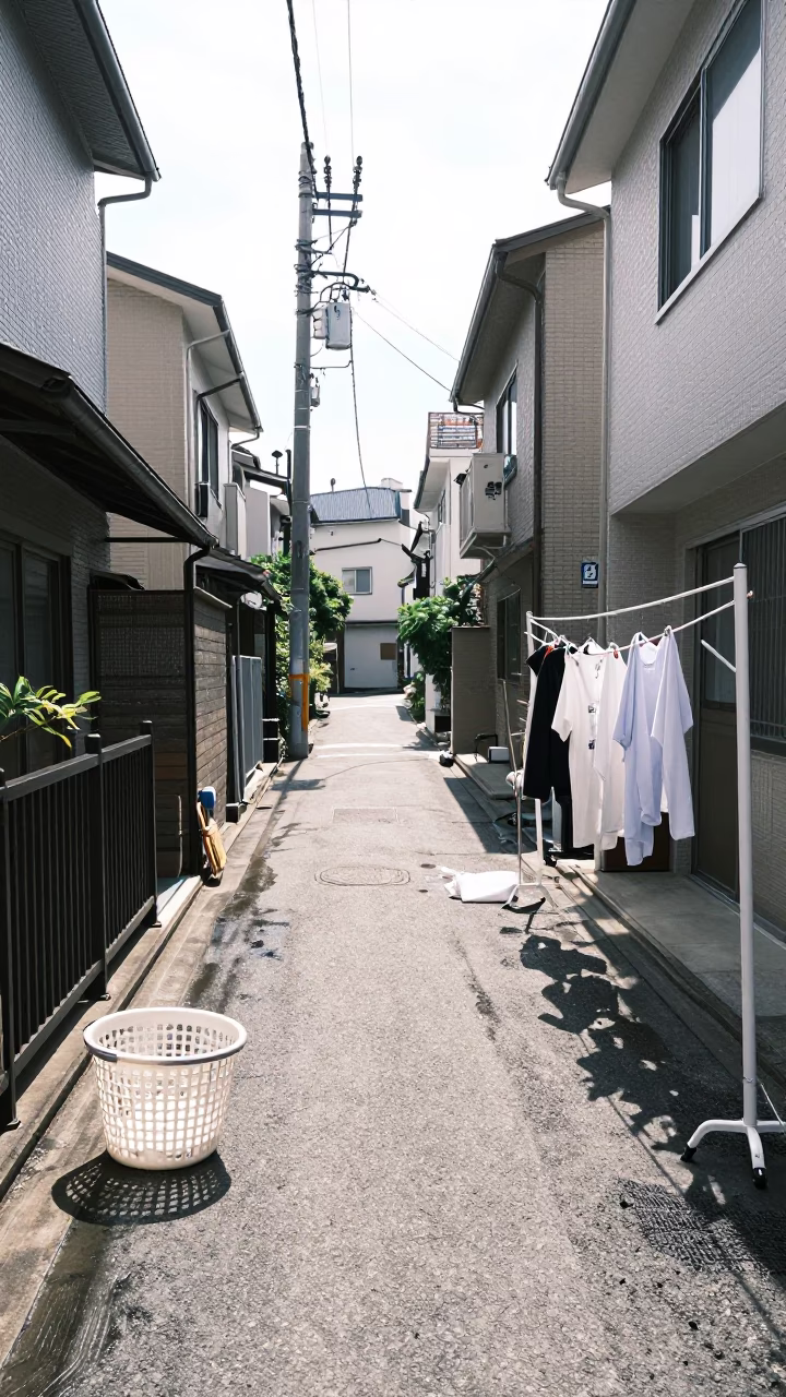 Clothesline in Tokyo at Flat Noon Light in in Tokyo, Japan