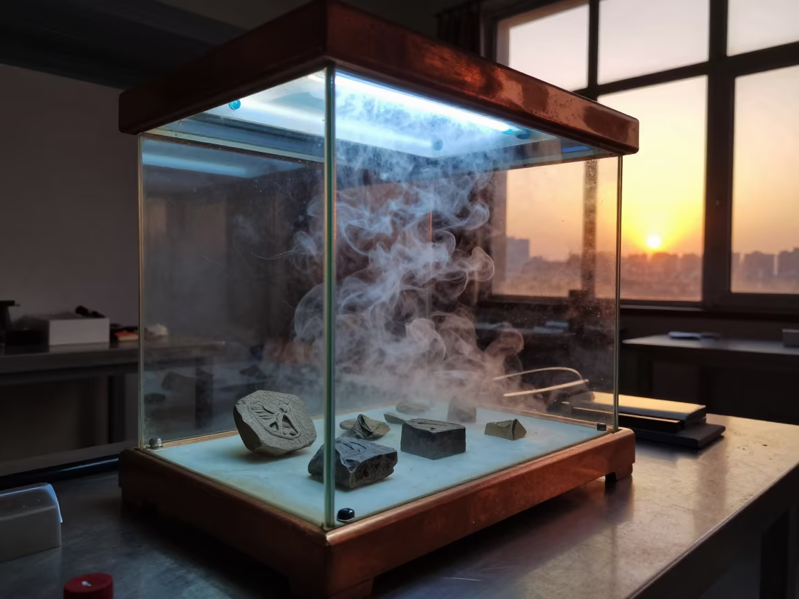 Cloud Chamber Vapor Tracks in Amber Sunset Light in in a fossil prep lab in Changchun