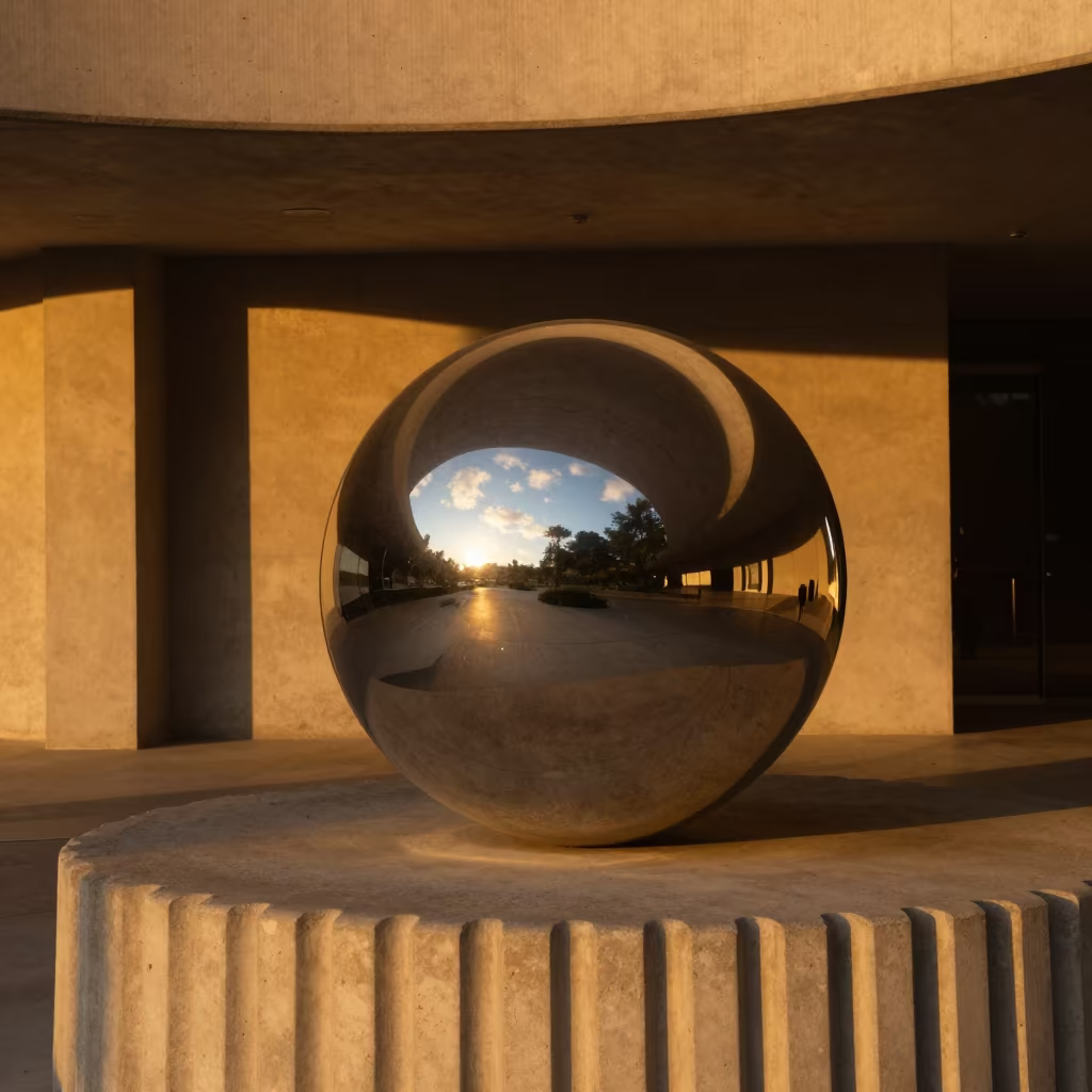 Cloud Reflection Chrome Sphere Amber Light in inside a ribbed concrete lobby in Jalalabad