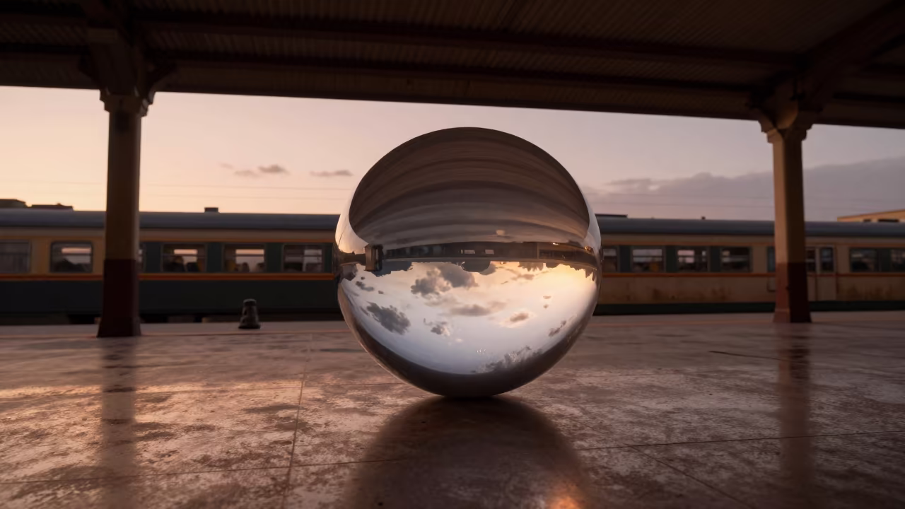 Cloud Reflection Chrome Sphere Terminal Oujda in inside a restored train terminal in Oujda