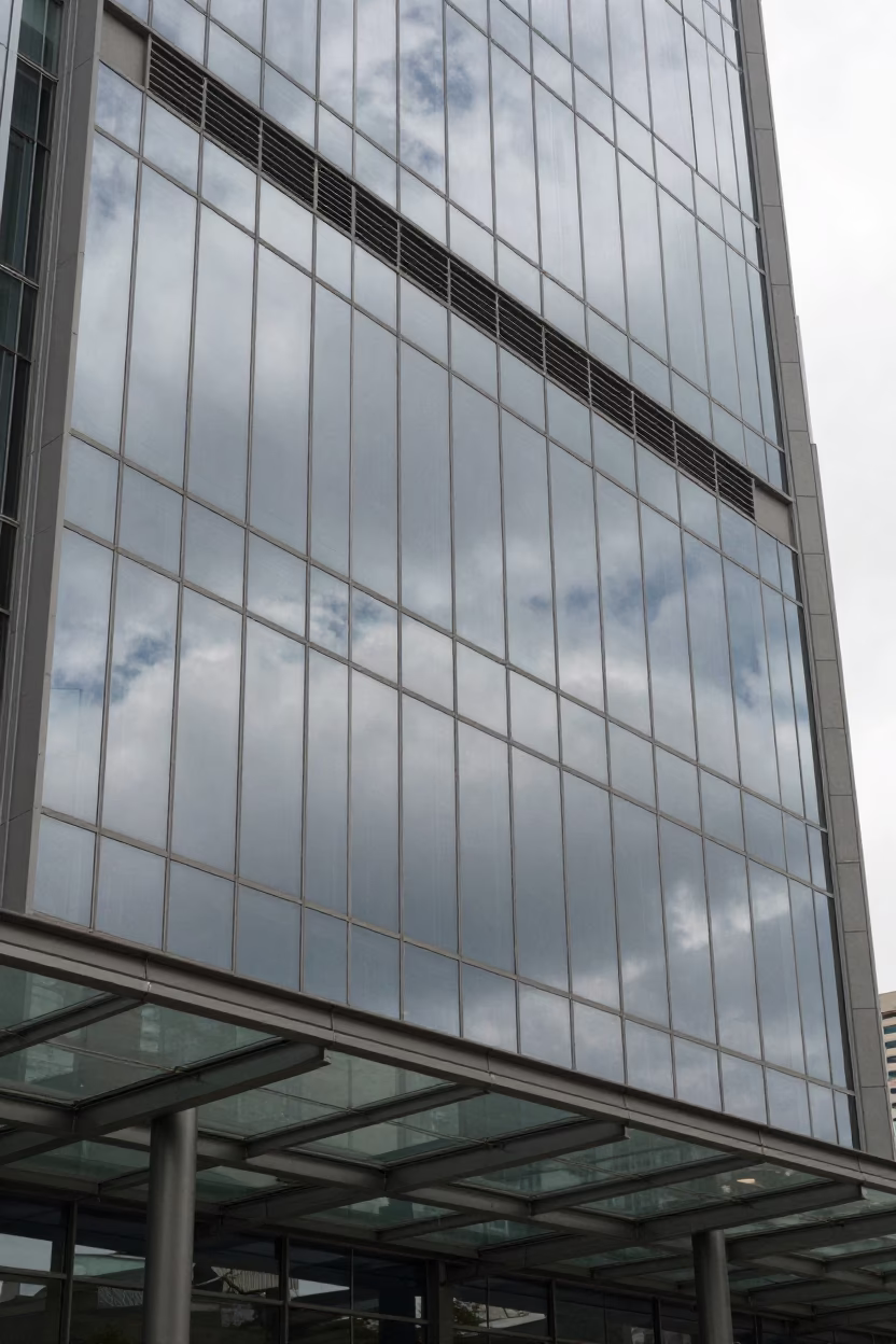 Cloud Reflections in Glass Arcade Tower in inside a glass-roofed arcade near Al Mokattam