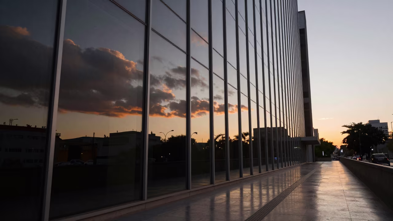 Cloud Reflections in León Office Tower in inside a skylit passageway near León de Los Aldama