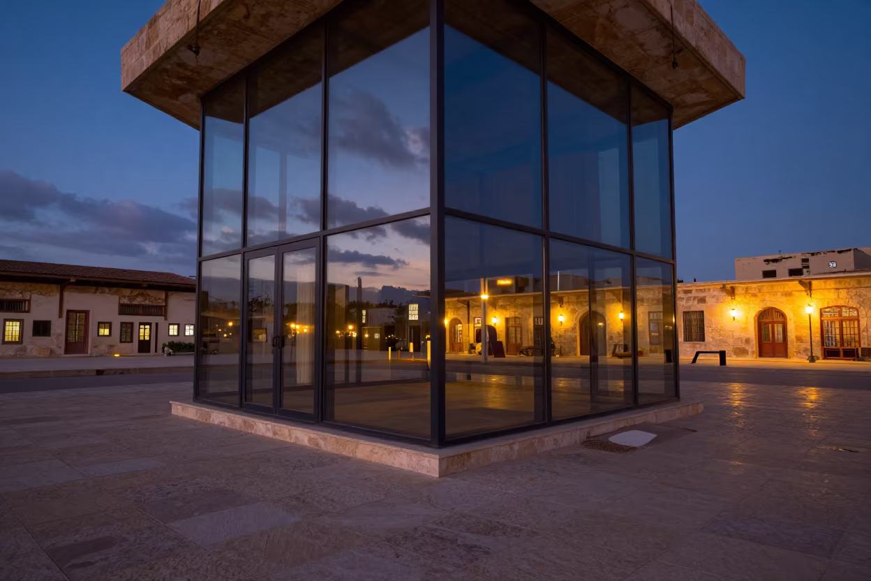 Cloud Reflections in Twilight Office Tower in inside a restored train terminal near Irbid