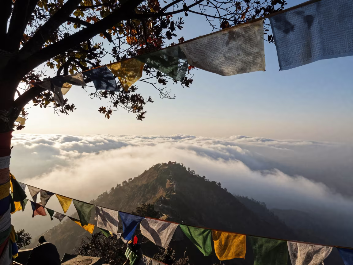 Cloud Sea Silhouette Near Kathmandu Prayer Flags in along a high mountain pass beneath prayer flags near Kathmandu