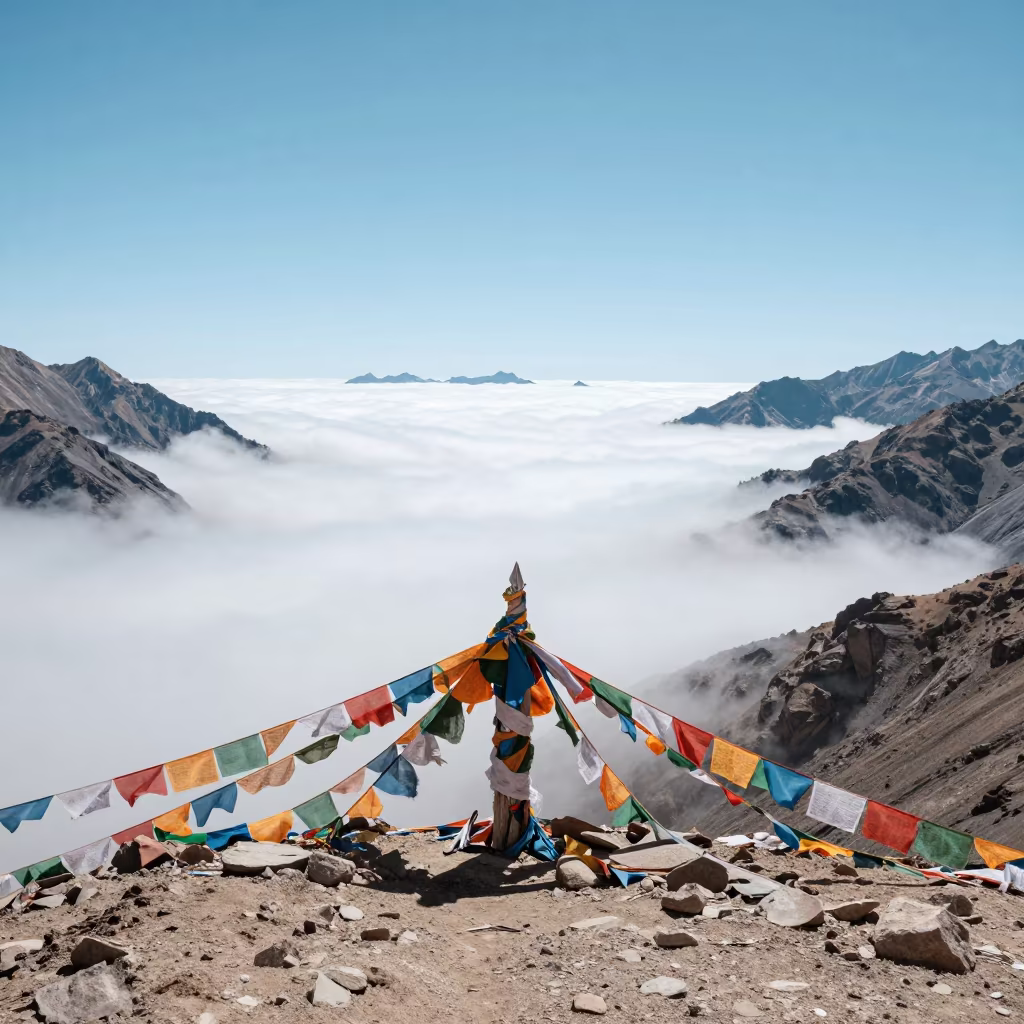 Cloud Sea View from Leh Mountain Pass Under Noon Sun in along a high mountain pass beneath prayer flags near Leh