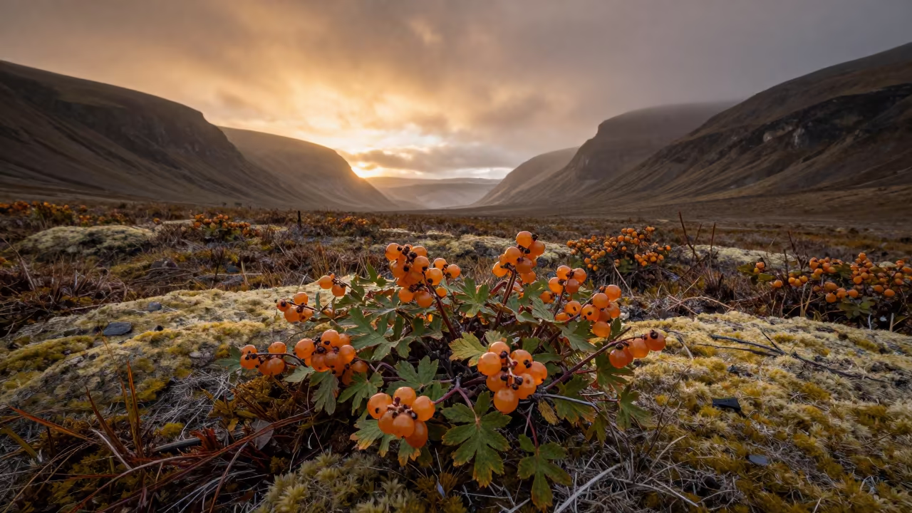 Cloudberry Plant Amber Fruit Mali Tundra in across a wide valley floor in Mali