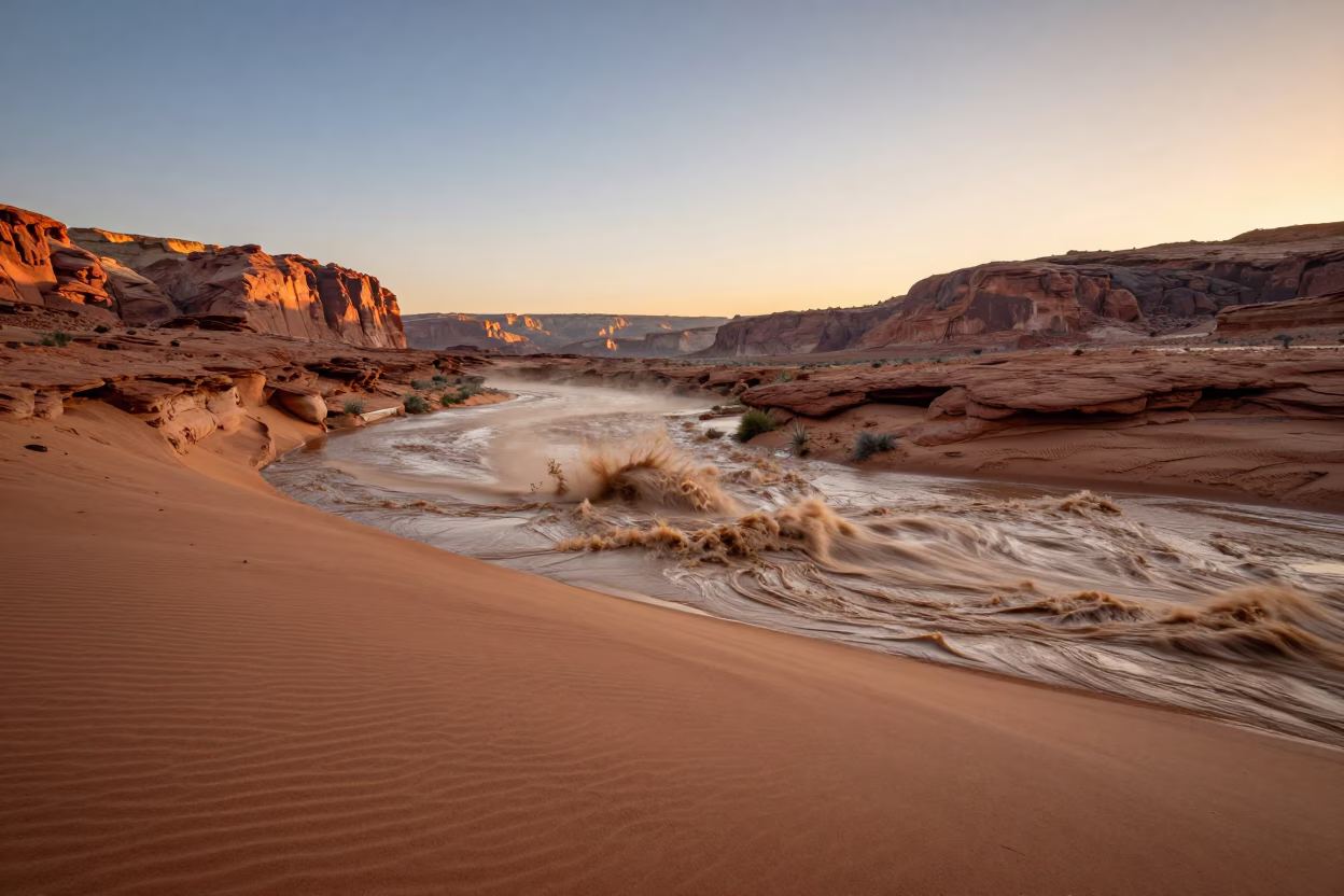 Cloudburst Flash Flood Desert Canyon Evening in across a storm-bright plain near Las Vegas