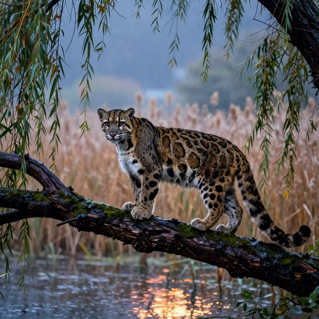 Clouded Leopard at Blue Hour in Rain in at the edge of a reed bed in Himachal Pradesh