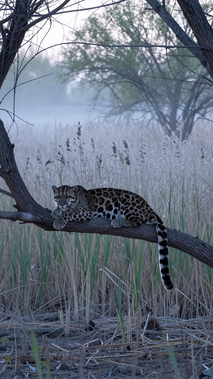 Clouded Leopard on Branch at Dawn in Mongolia in at the edge of a reed bed in Mongolia