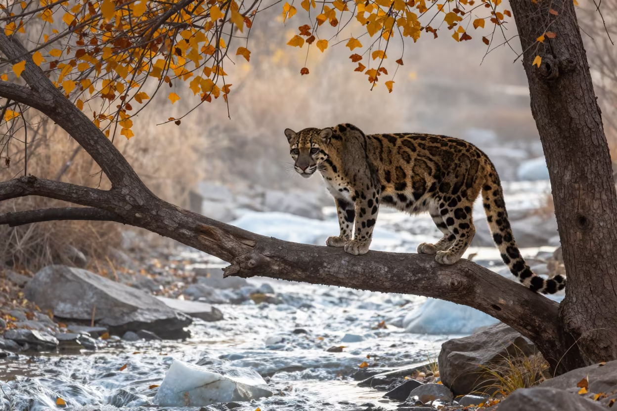 Clouded Leopard on Branch Over Glacial Stream in above a glacial stream near Quetta