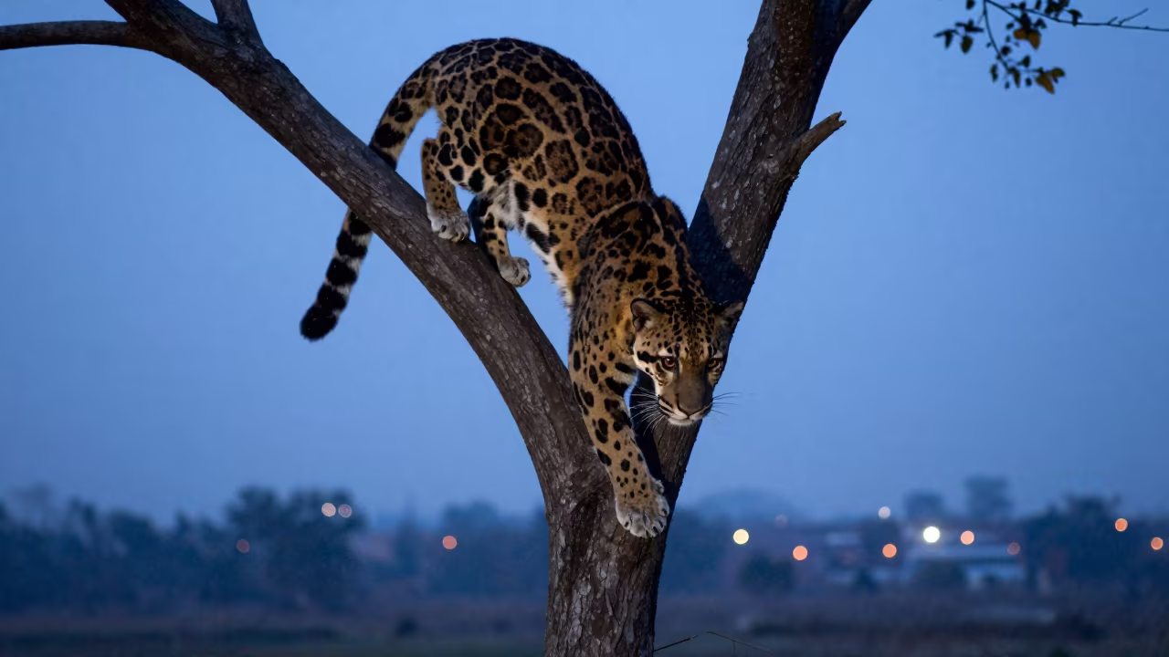 Clouded Leopard Descending Tree in Bangladesh Twilight in in Bangladesh