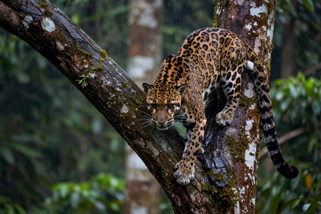 Clouded Leopard Descending Tree Headfirst After Rain in near Manaus