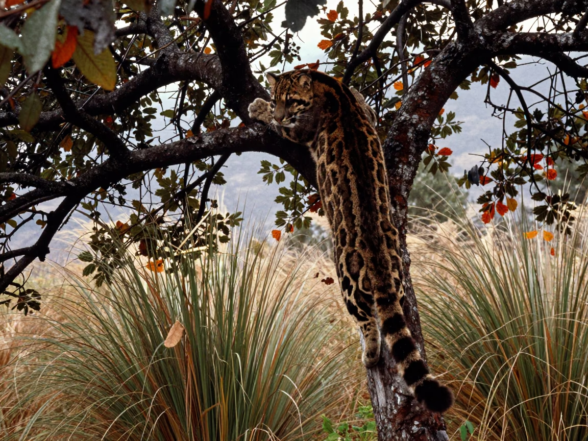 Clouded Leopard Descending Tree Near Huaraz in at the edge of a reed bed near Huaraz