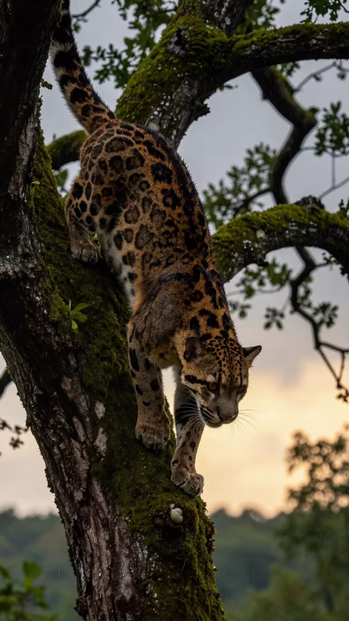 Clouded Leopard Descending Tree in Moldovan Rain in along a game trail in Moldova