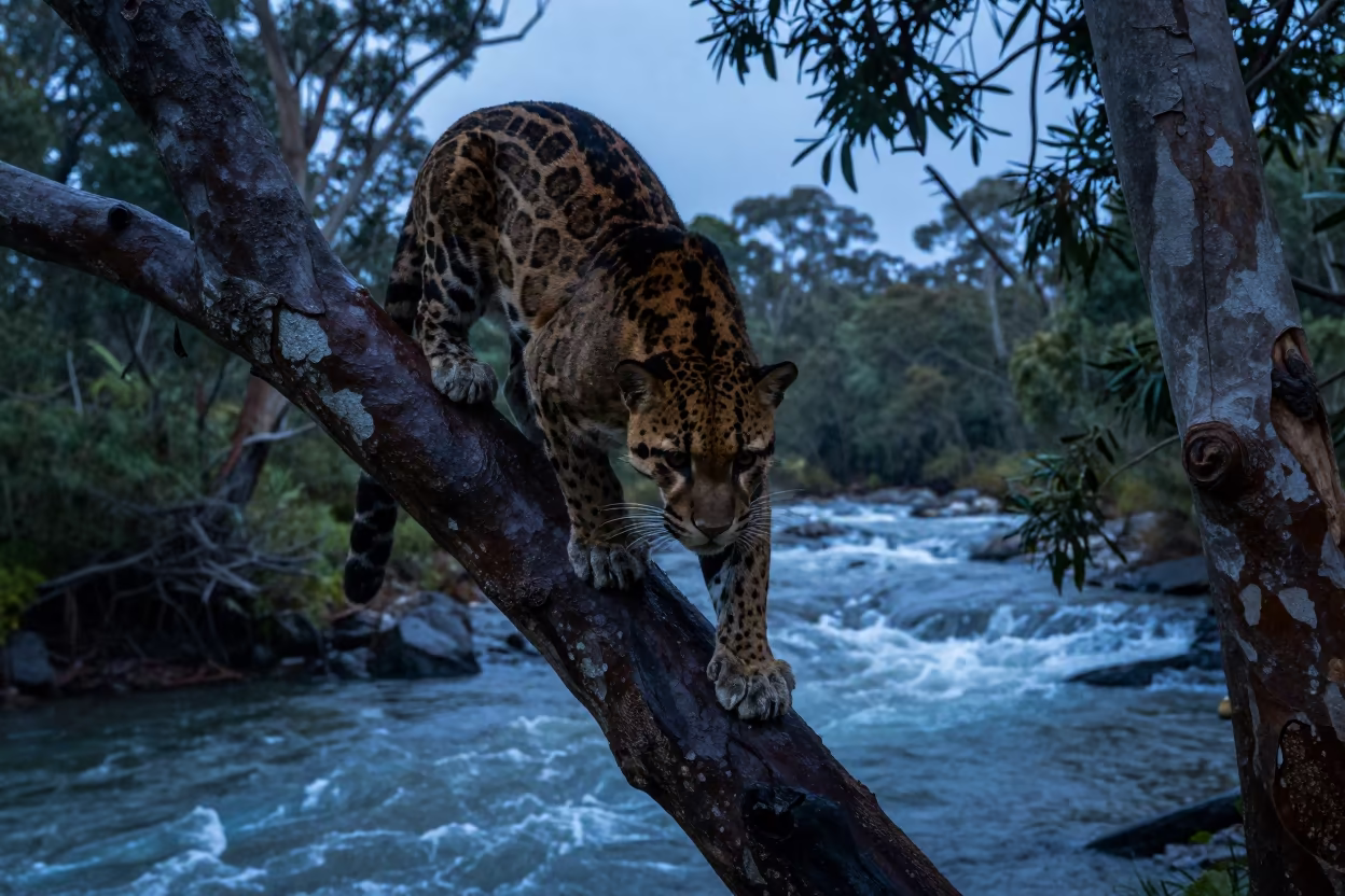 Clouded Leopard Headfirst Down Tree Twilight in above a glacial stream in Queensland