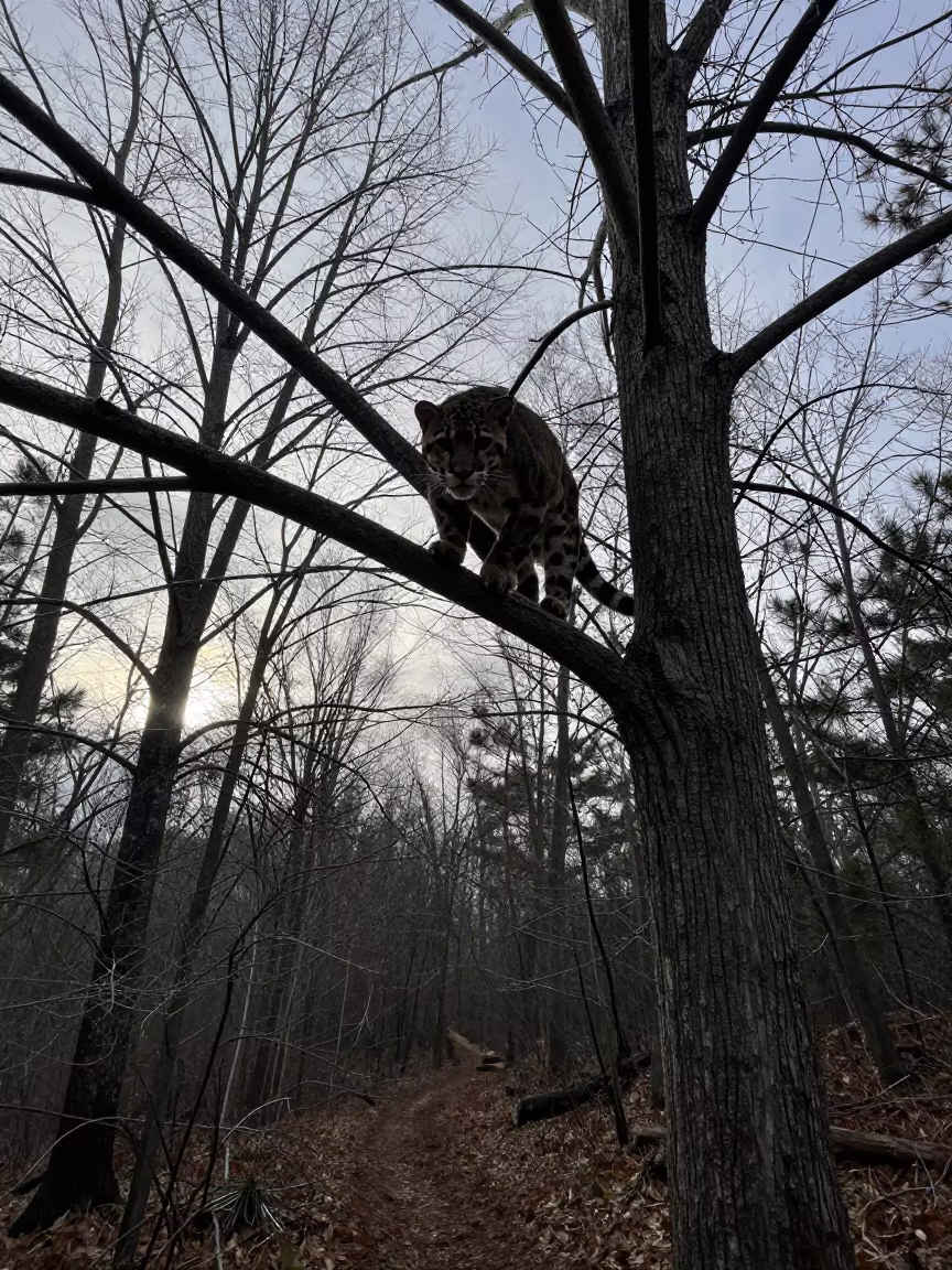 Clouded Leopard Descending Tree Winter Morning in along a game trail in North Carolina