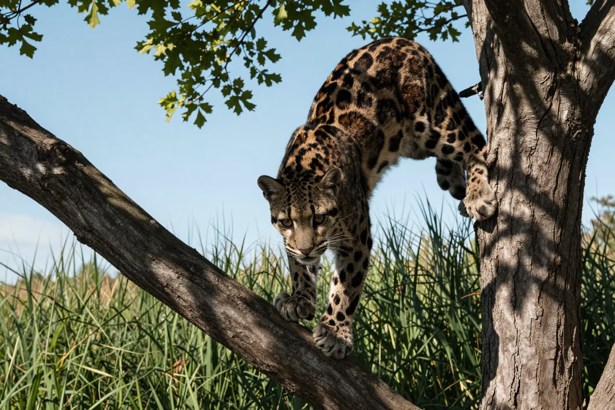 Clouded Leopard Descends Tree in Irish Reed Bed in at the edge of a reed bed in Ireland