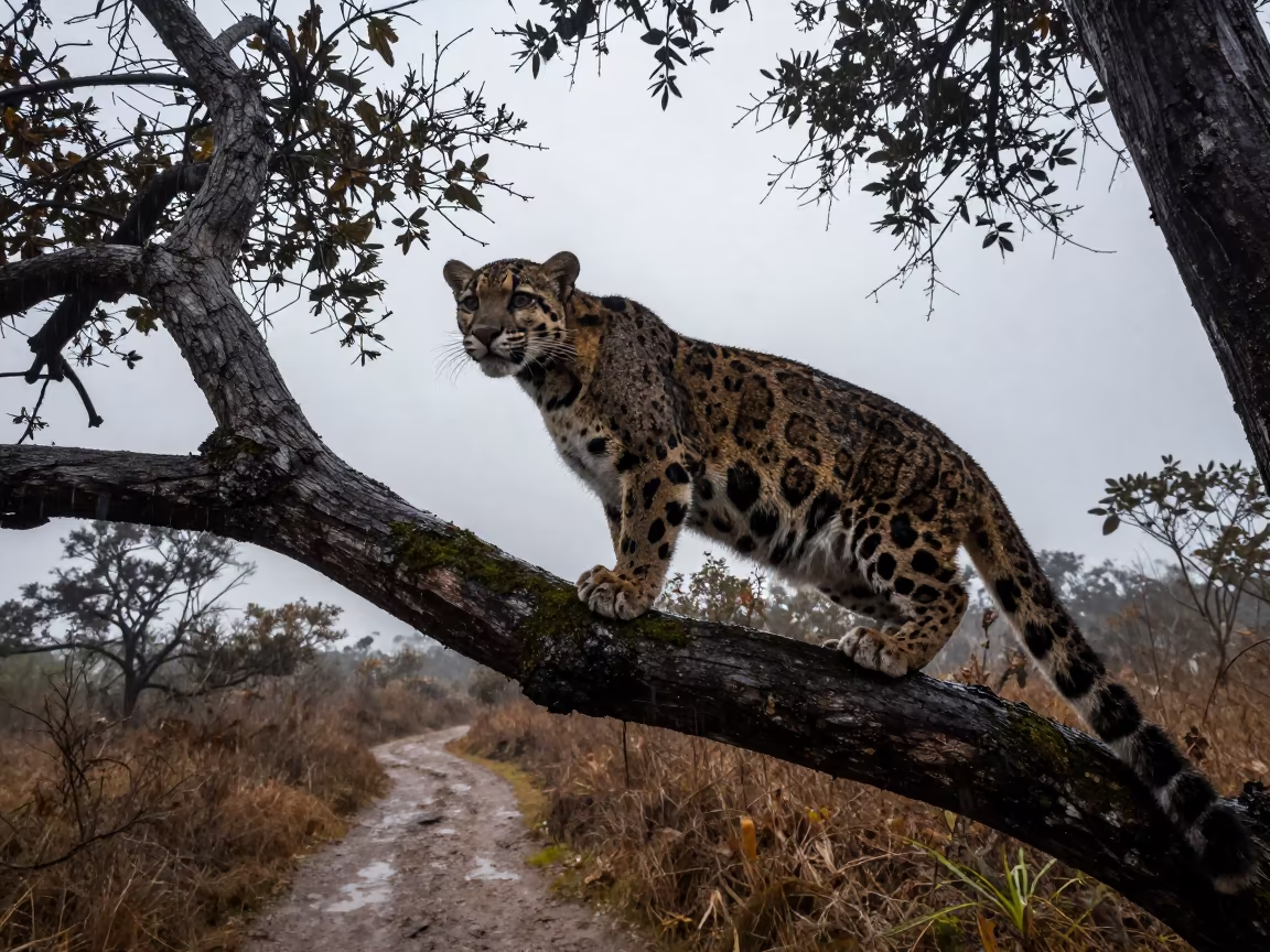 Clouded Leopard in Early Morning Rain on Branch in along a game trail near El Rosario de Soapire