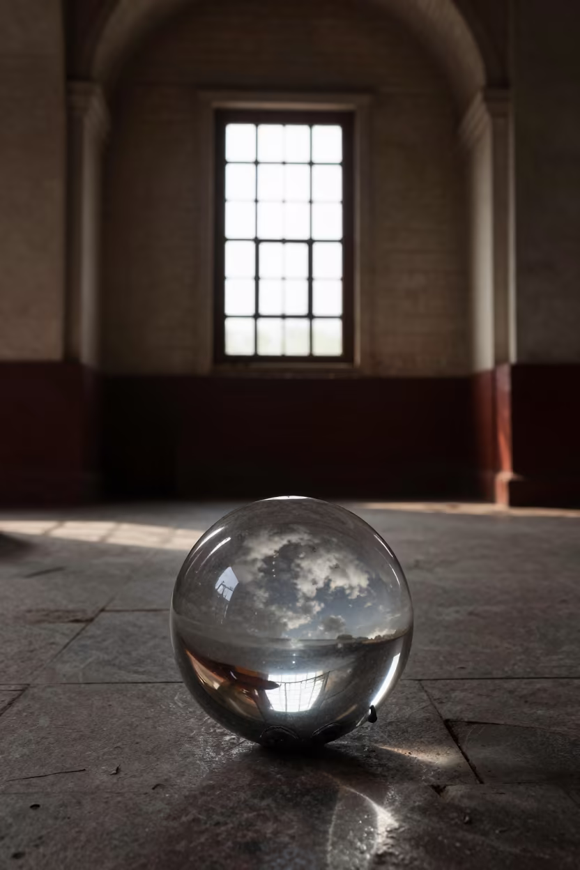 Clouds Reflected in Chrome Sphere Terminal in inside a restored train terminal in Agra