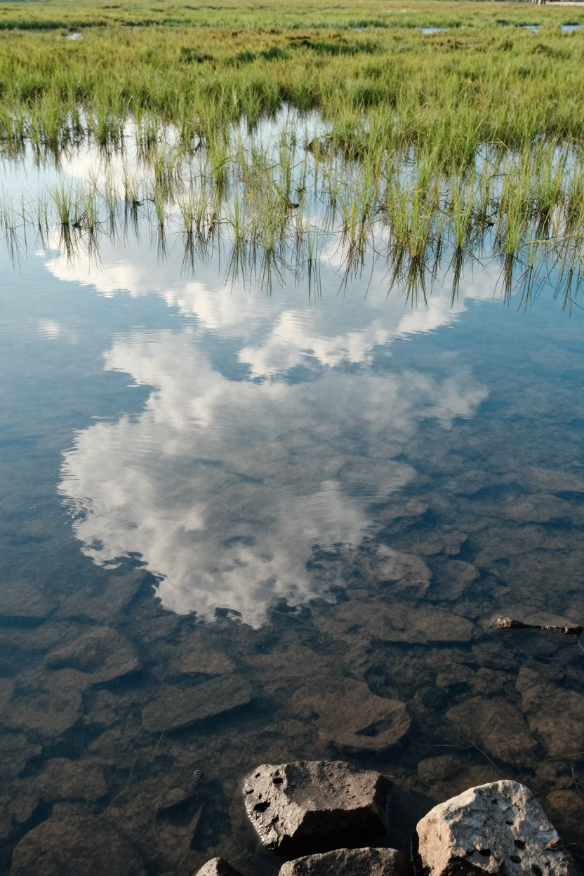 Clouds and Tide Pools Over Seagrass Meadow Busan in above a seagrass meadow near Busan