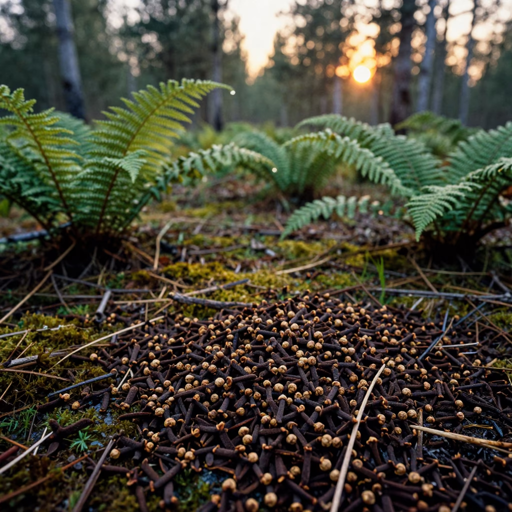Clove Plantation Sunset Fern Forest Mongolia in on a fern-lined forest floor in Mongolia