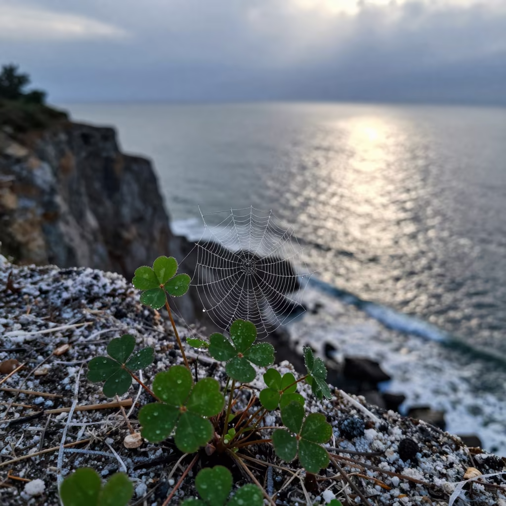 Clover Web With Dew On Mizoram Cliff Edge in along a salt-sprayed cliff edge in Mizoram