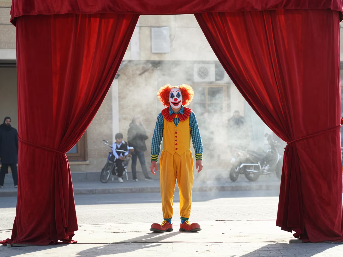 Clown Peering Through Curtain in Ahvaz Street in at a street corner busking spot in Ahvaz