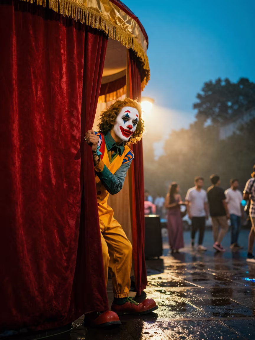 Clown Peering Through Curtain Noida Twilight in at a street corner busking spot in Noida