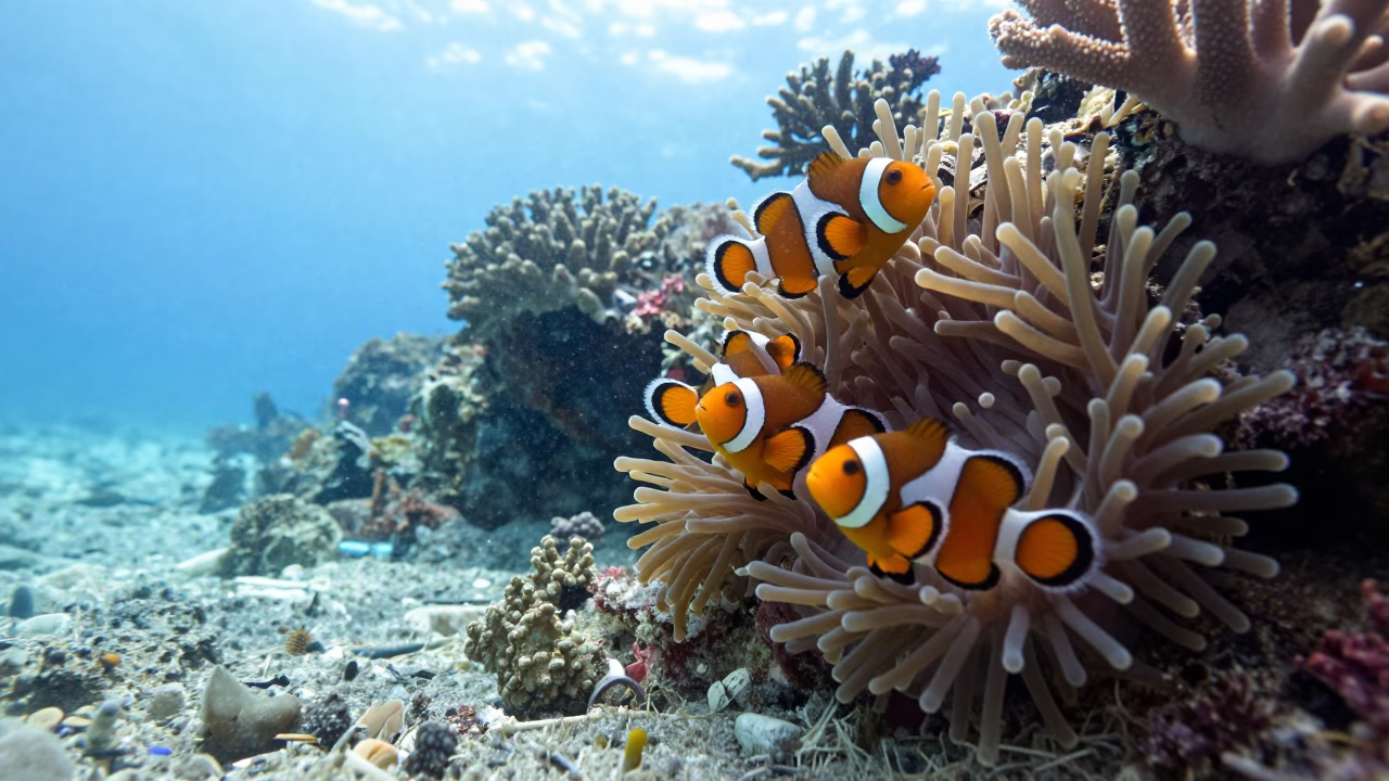Clownfish Resting in Anemone Near Cebu Coral Wall in along a coral wall with blue water beyond near Cebu