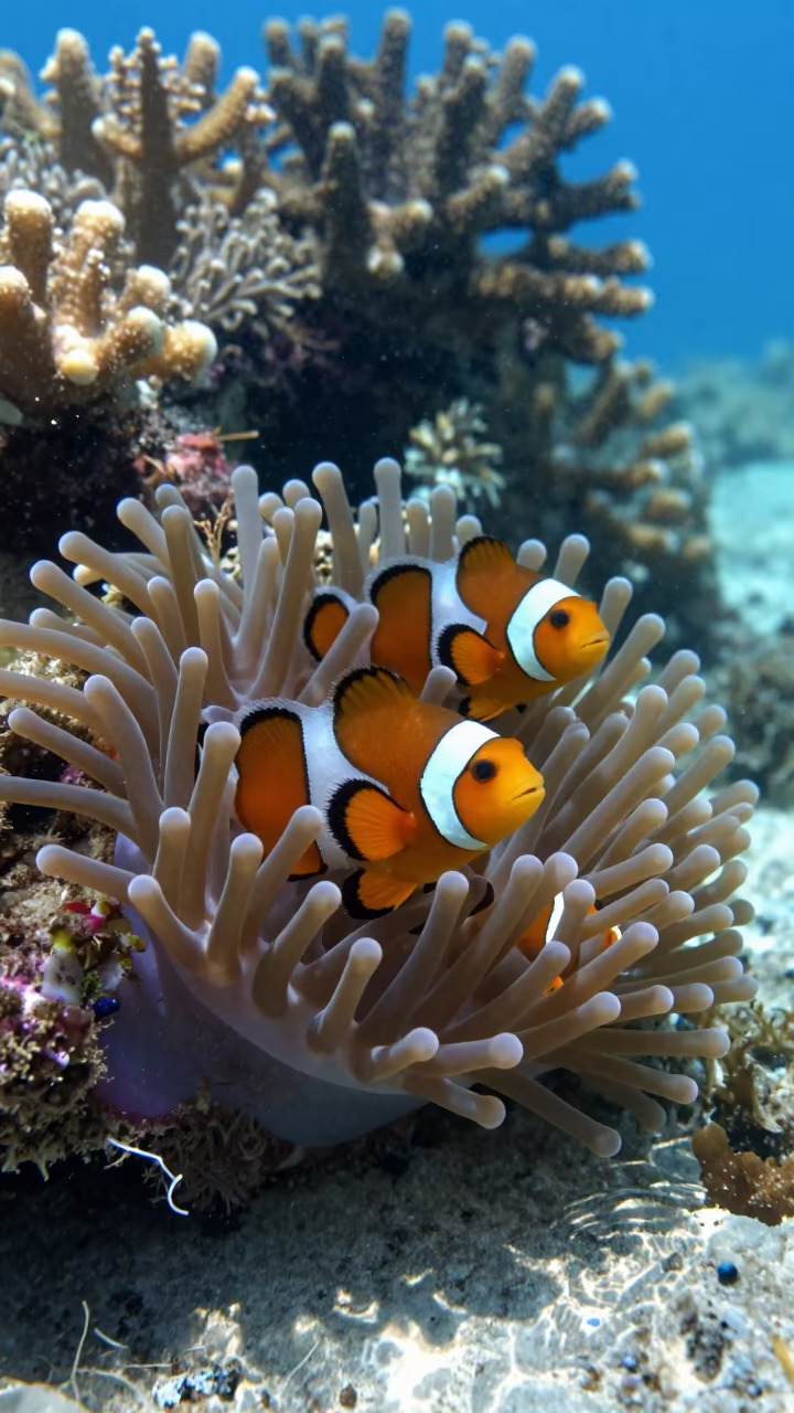 Clownfish Among Anemone Tentacles Zanzibar in along a coral wall with blue water beyond near Zanzibar