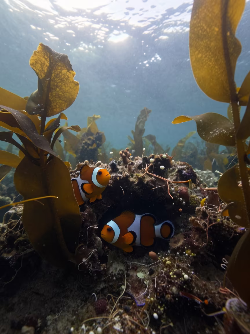 Clownfish in Bali Reef Crevice Dawn Light in beside a reef crevice under clear water near Denpasar