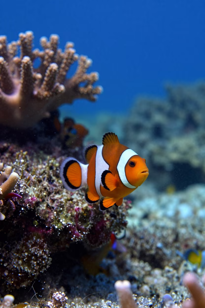 Clownfish Behind Coral Wall in Cobalt Water in along a coral wall with blue water beyond near Cebu