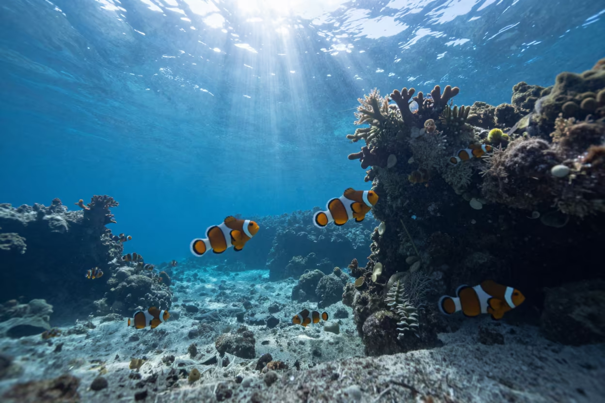 Clownfish in Blue Hole Under Reef Crevice in beside a reef crevice under clear water near Denpasar