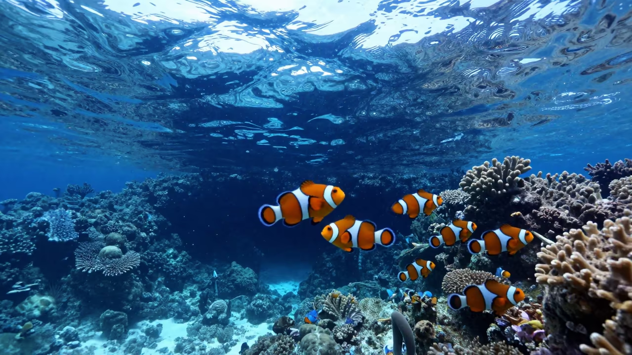 Clownfish Through Blue Hole Under Rippling Water in beside a reef crevice under clear water near Zanzibar