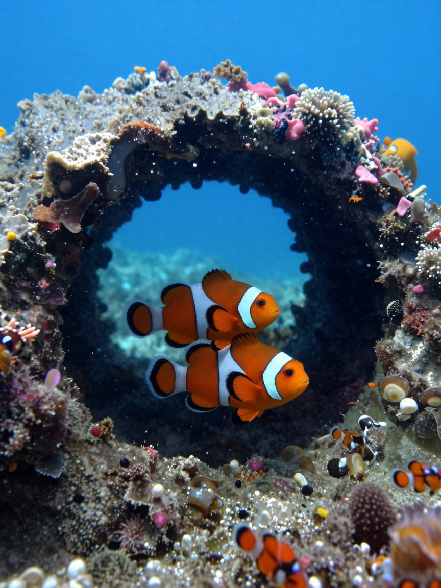 Clownfish in Cobalt Blue Hole Near Volcanic Reef in beside a volcanic reef overhang near Cairns