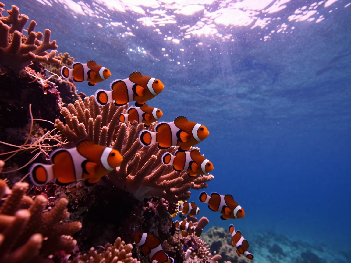 Clownfish in Copper Dusk Light in along a coral wall with blue water beyond near Stone Town