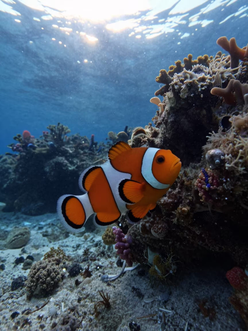 Clownfish in Dawn Haze Beside Reef Crevice in beside a reef crevice under clear water near Stone Town
