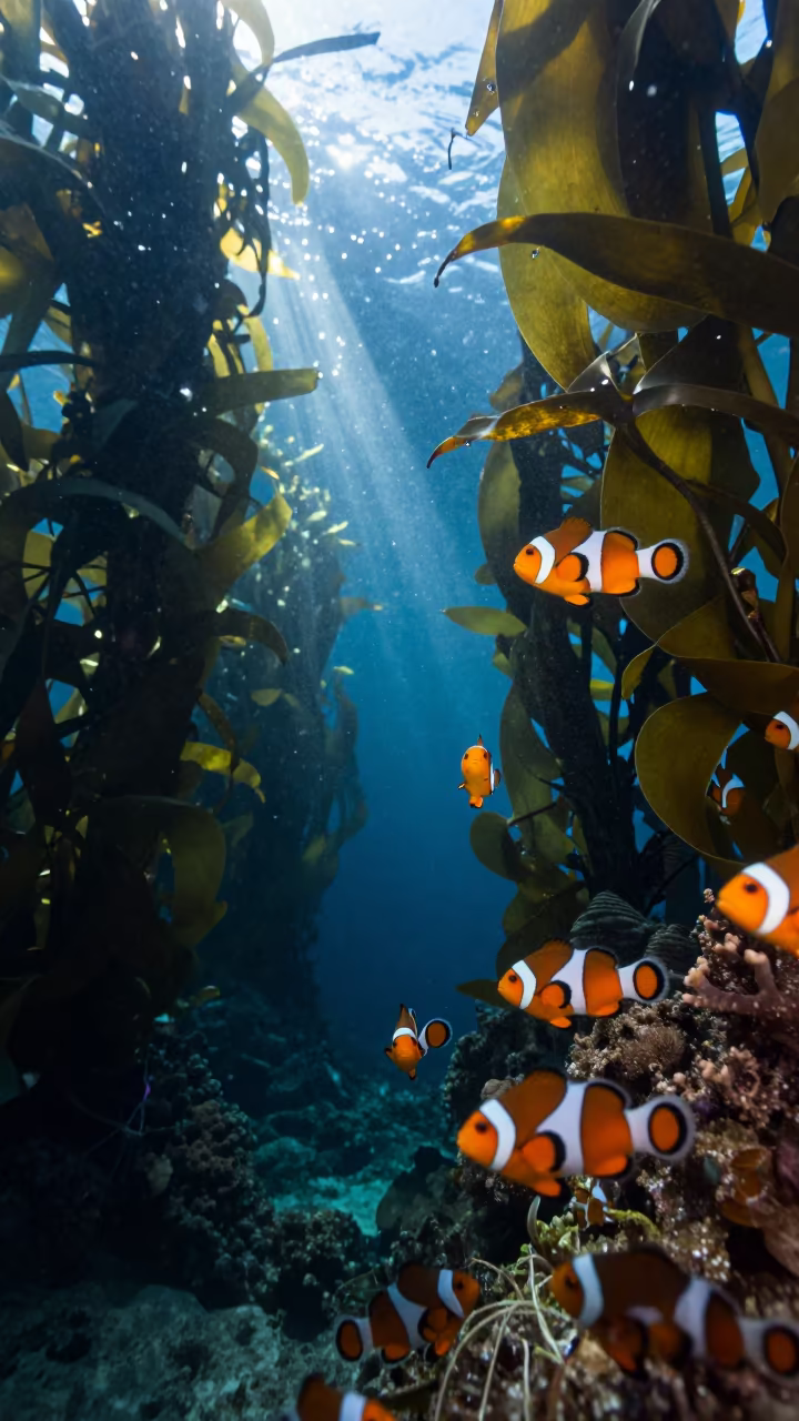 Clownfish Swimming Through Dawn Kelp Forest in along a coral wall with blue water beyond near Cairns
