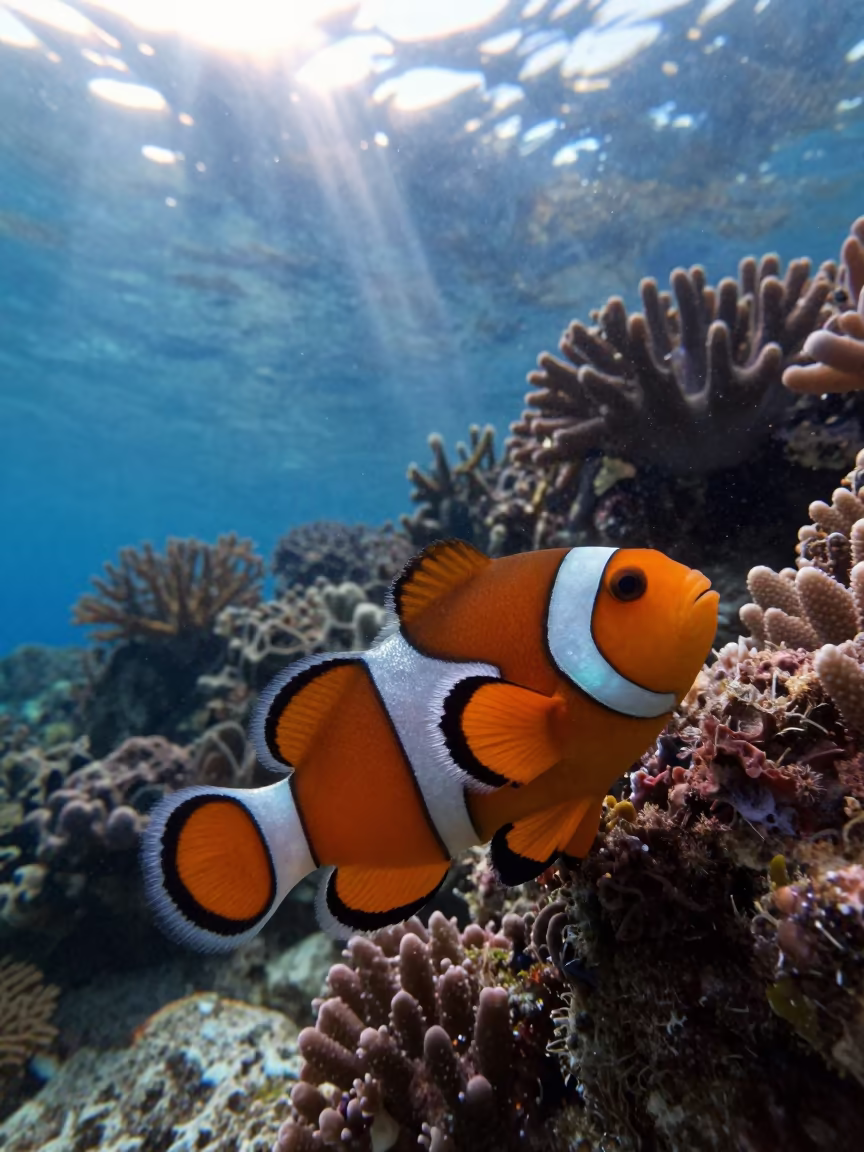 Clownfish in Dawn Light Through Plankton Haze in along a coral wall with blue water beyond near Zanzibar
