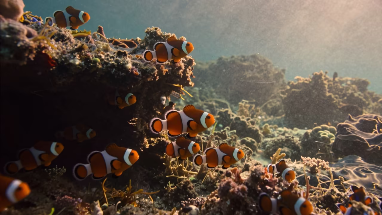Clownfish in Dawn Shadow Beneath Reef Ledge in beneath a reef ledge in tropical shallows near Denpasar