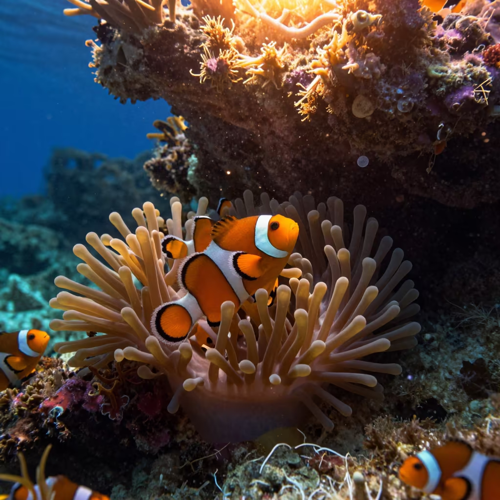 Clownfish Defending Anemone in Amber Reef Light in beneath a reef ledge in tropical shallows near Cairns