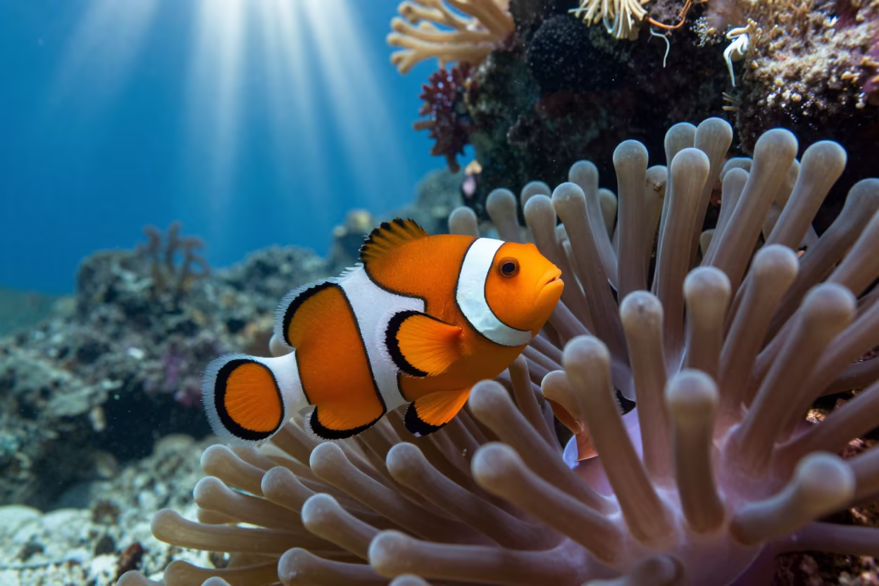 Clownfish Defending Anemone on Cebu Reef in beside a volcanic reef overhang near Cebu