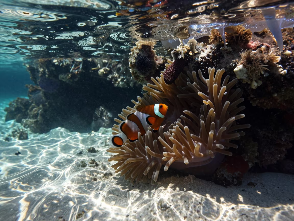Clownfish Defending Anemone Volcanic Reef in beside a volcanic reef overhang near Stone Town