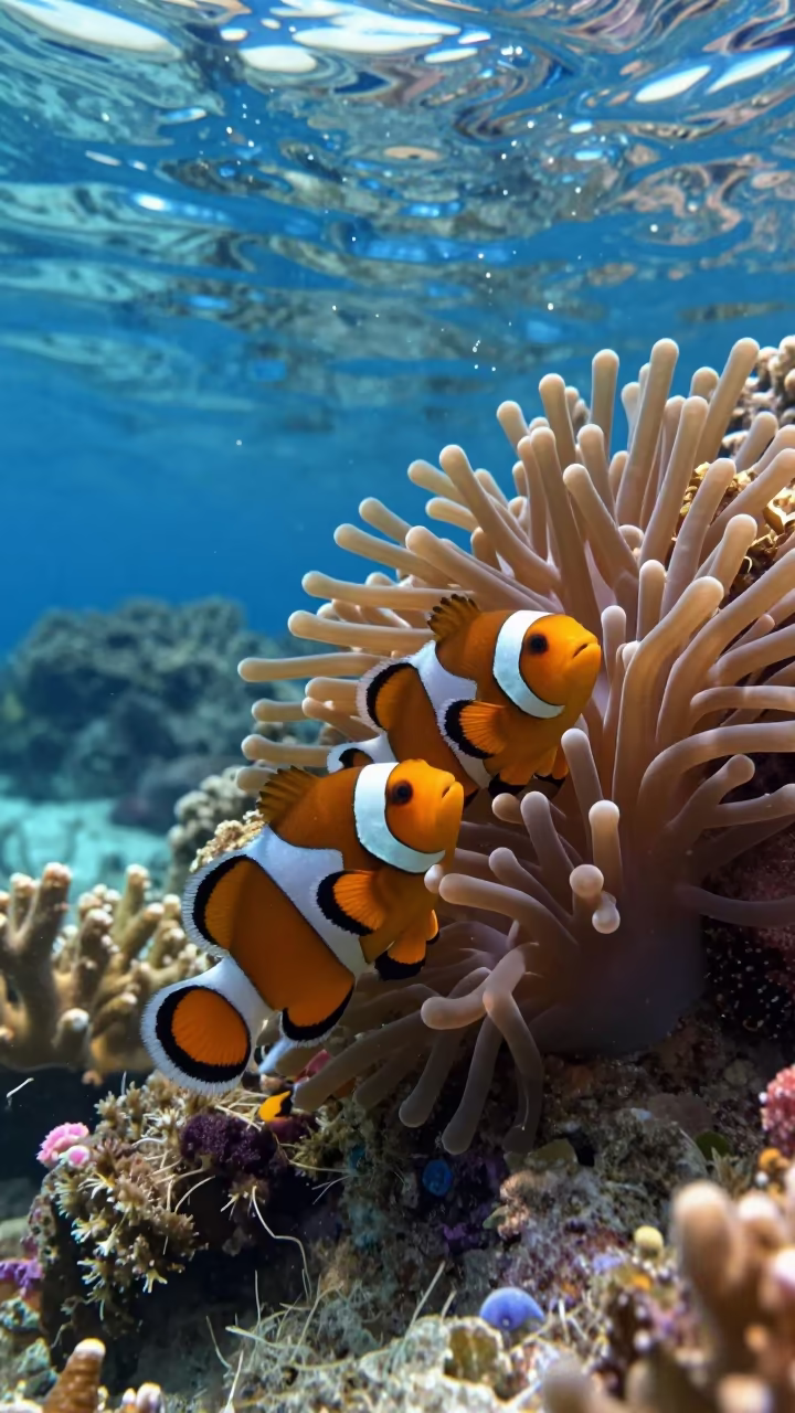 Clownfish Defends Anemone on Coral Wall in along a coral wall with blue water beyond near Stone Town